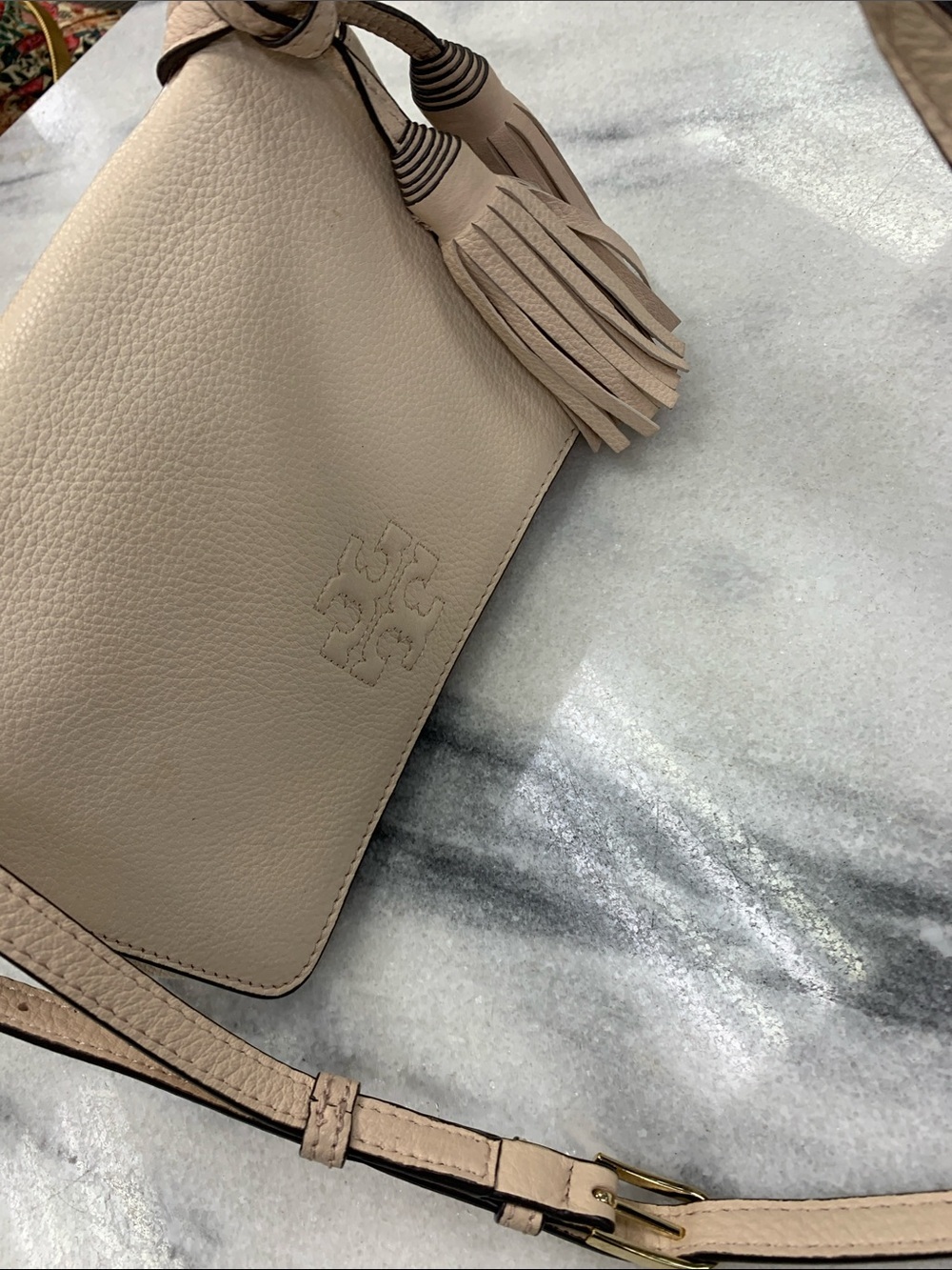 Tory Burch Neutral Beige Pebbled Leather Crossbody with Tassel